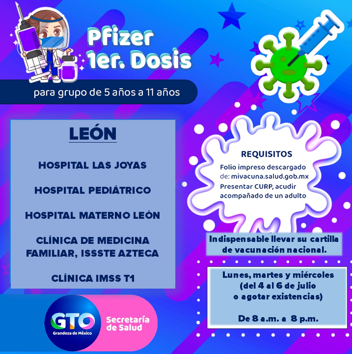 Este lunes iniciará la vacunación de menores de 5 a 11 años, con 198 mil dosis #Pfizer que han llegado a #GTO. 
Los municipios que participarán en esta jornada que arranca el próximo lunes 4 de julio son: 
Celaya, Irapuato, León, Guanajuato Capital, Silao y Salamanca. 🥳💉🩹