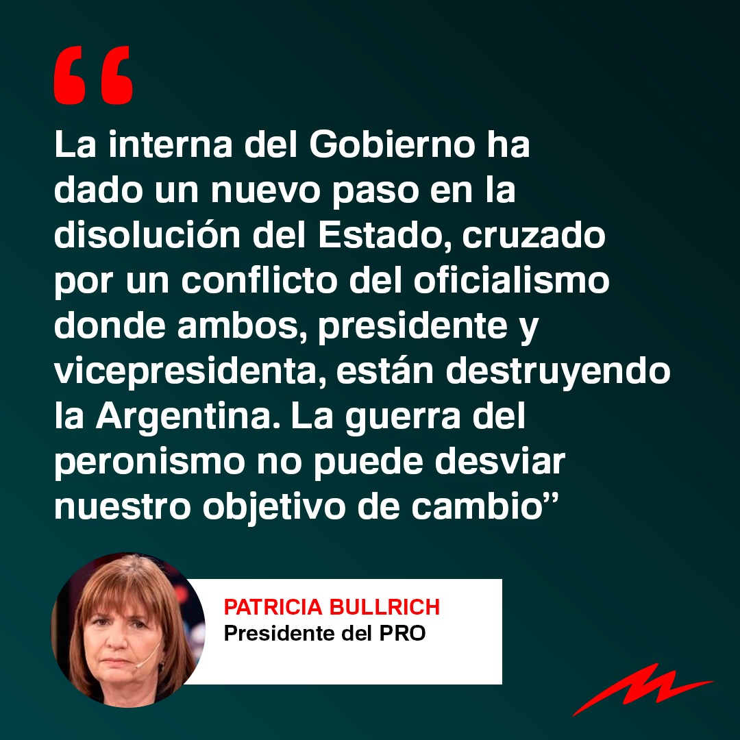 radiomitre's tweet image. Patricia Bullrich expresó su postura luego de la renuncia de Martín Guzmán y los dichos de la vicepresidente durante el acto por el aniversario de la muerte de Juan Domingo Perón. "La guerra del peronismo no puede desviar nuestro objetivo de cambio" escribió.
