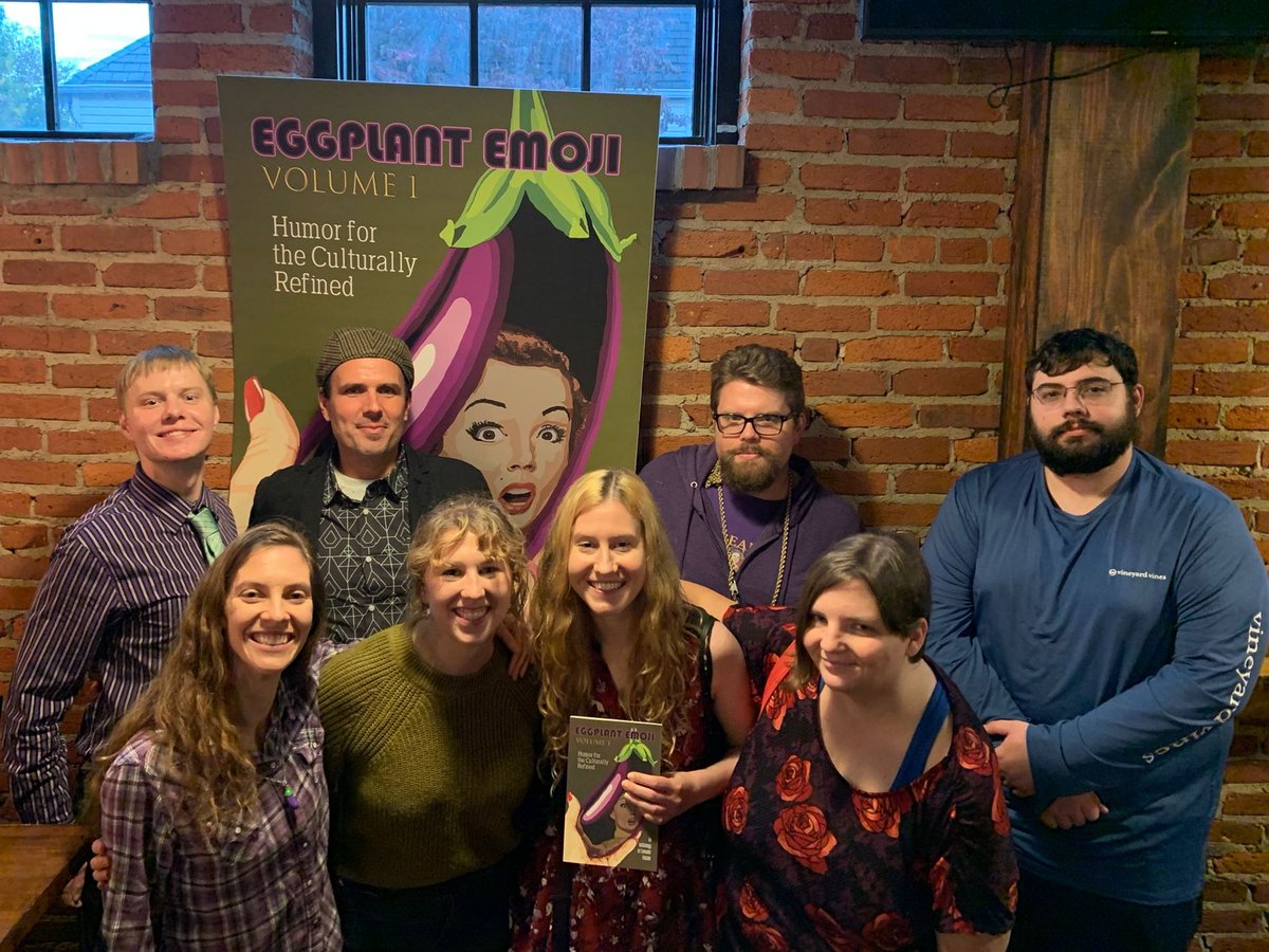 Such a great picture from the 🍆 Volume 1 Release Party, featuring 8 of the 10 amazing authors in the book.
