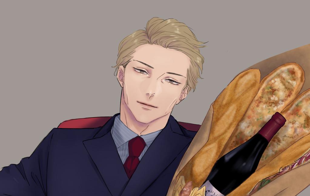 nanami kento bread food baguette 1boy male focus necktie blonde hair  illustration images