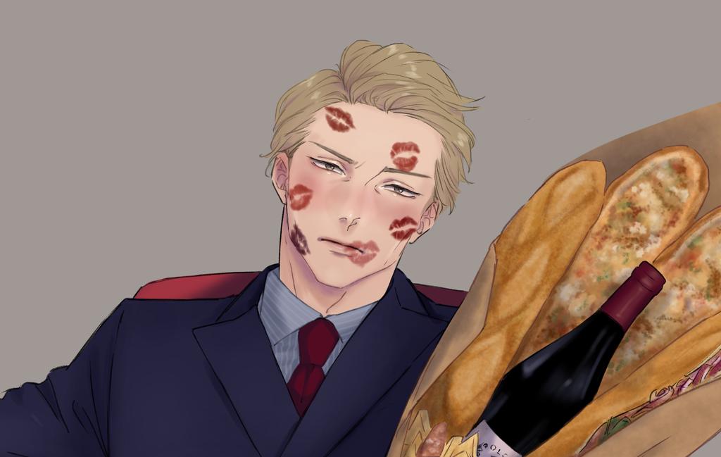 nanami kento bread food baguette 1boy male focus necktie blonde hair  illustration images