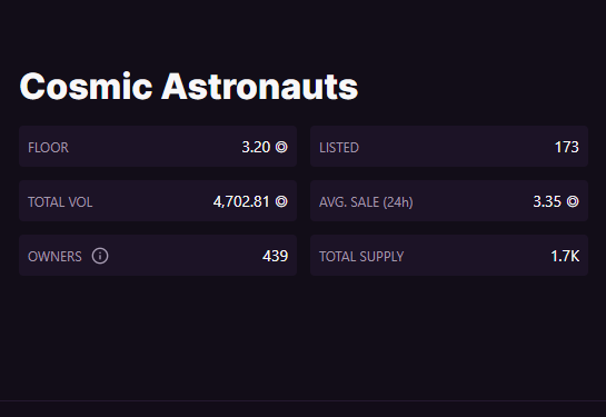 zk222zk's tweet photo. Analysis of the @CosmicAstroNFT
This thread will focus on the current analysis of the project and its future steps
These are the actual stats of Cosmics Astronauts
#analysis
#NFTCommunity
#SolanaThread https://t.co/EasbnAAIGG