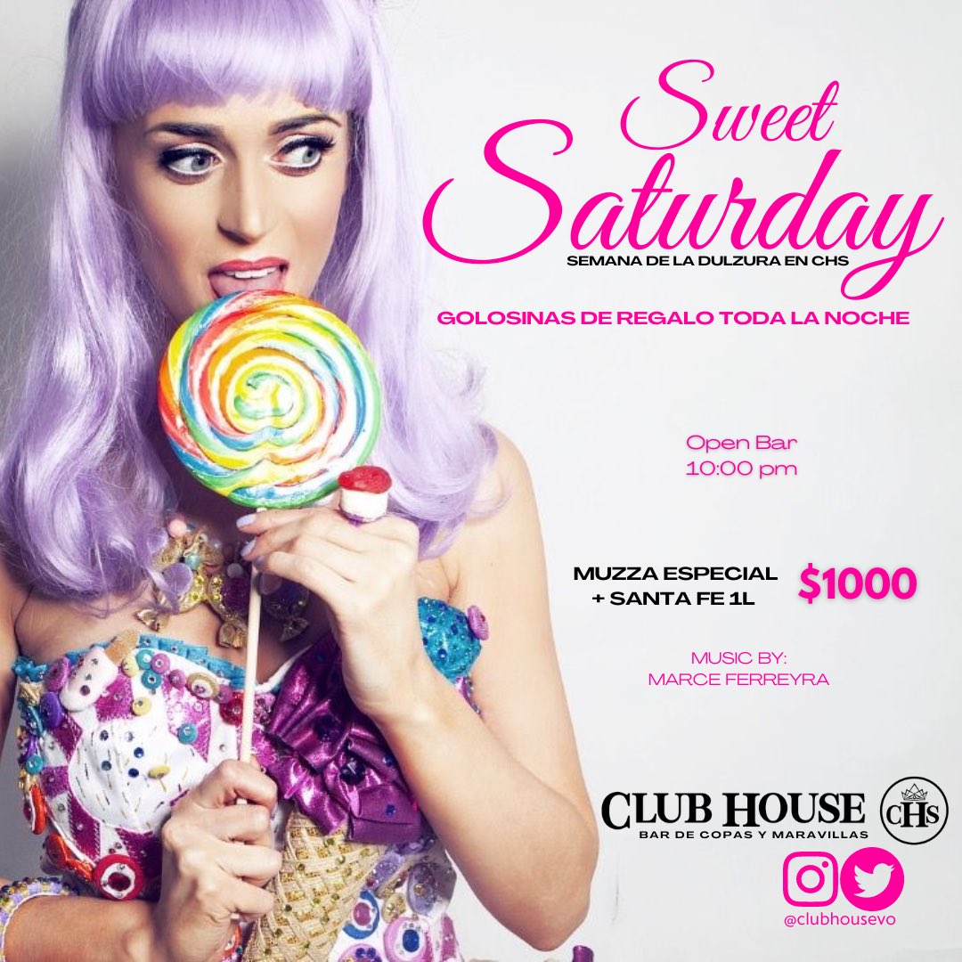 🍭SWEET SATURDAY 🍭

🍬🍭Semana de la dulzura en CHS, golosinas de regalo para todos 🍬🍭
Muzza Especial + Santa Fe 1L 🍕🍺 💲1000

Music by:

Open bar 10:0pm