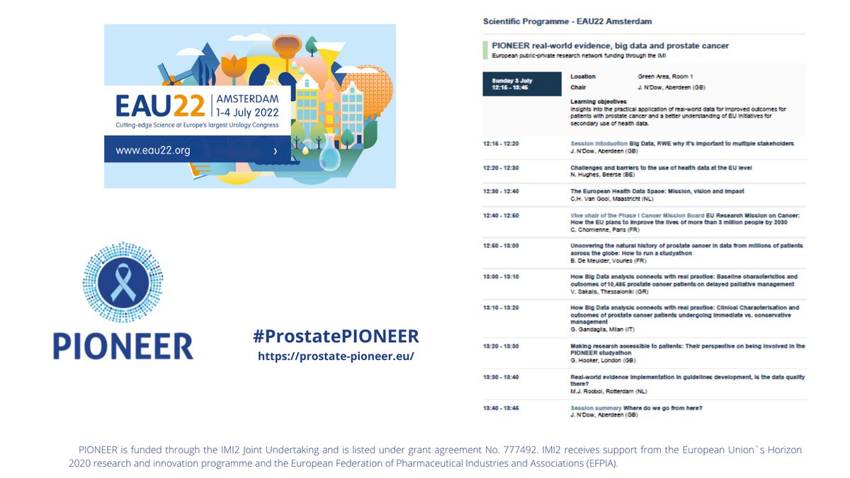 Don`t miss the #ProstatePIONEER session at the #EAU22: today, from 12:15 to 13:45, Green Area, Room 1! We will talk about the application of #RWD for improved outcomes for #PCa patients, their implementation into guidelines and much more.