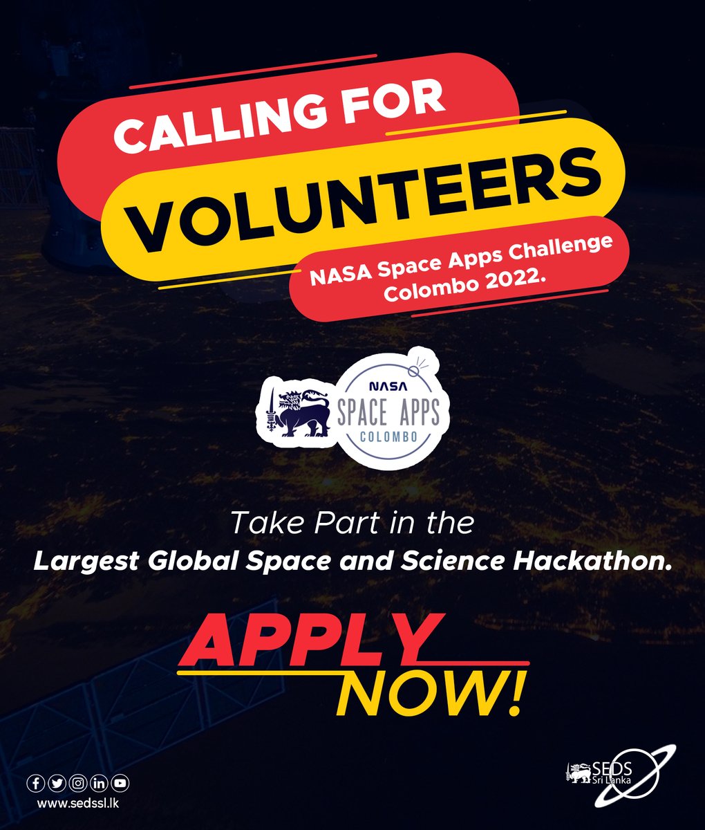 SpaceAppsLK's tweet image. 🚀👩‍🚀 Would you like to be a part of the organizing committee of NASA Space Apps Challenge Colombo 2022?👨‍🚀

 “We are recruiting new members &quot;

Submission deadline: 10th of July 2022
Application link:  forms.gle/PzxhaaWcivMtvd…

#SEDS
#SEDSSL
#NASASpaceAppsColombo