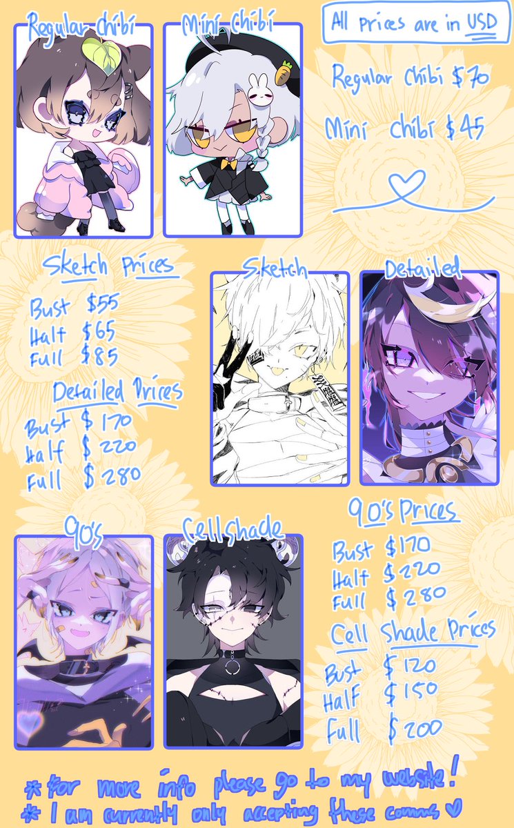 Anything helps! These are my prices and the only commissions I'm doing right now ; v;

All prices are in USD

Please dm me either on twitter or on discord if you are interested in comms or have questions!

More info on my website: https://t.co/WdNUOuIbYC 

RETWEETS APPRECIATED 🥹 