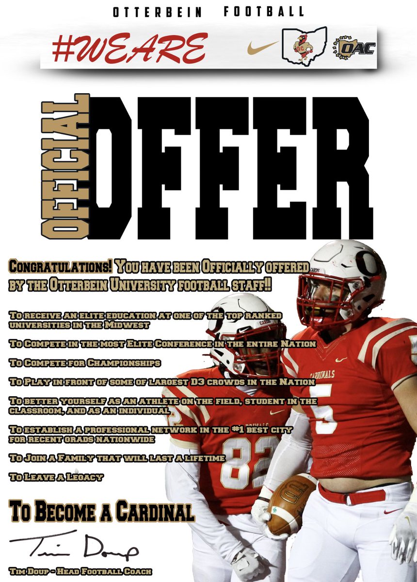 After a great conversation with <a href="/CoachGeiger_/">Coach TG</a>  I’m blessed to receive my first offer from Otterbein University! 🔴⚪️ <a href="/CoachTomBolden/">Tom Bolden</a> <a href="/CoachBeauchamp/">Gerry Beauchamp</a> <a href="/LakotaWestFB/">Lakota West Football</a>