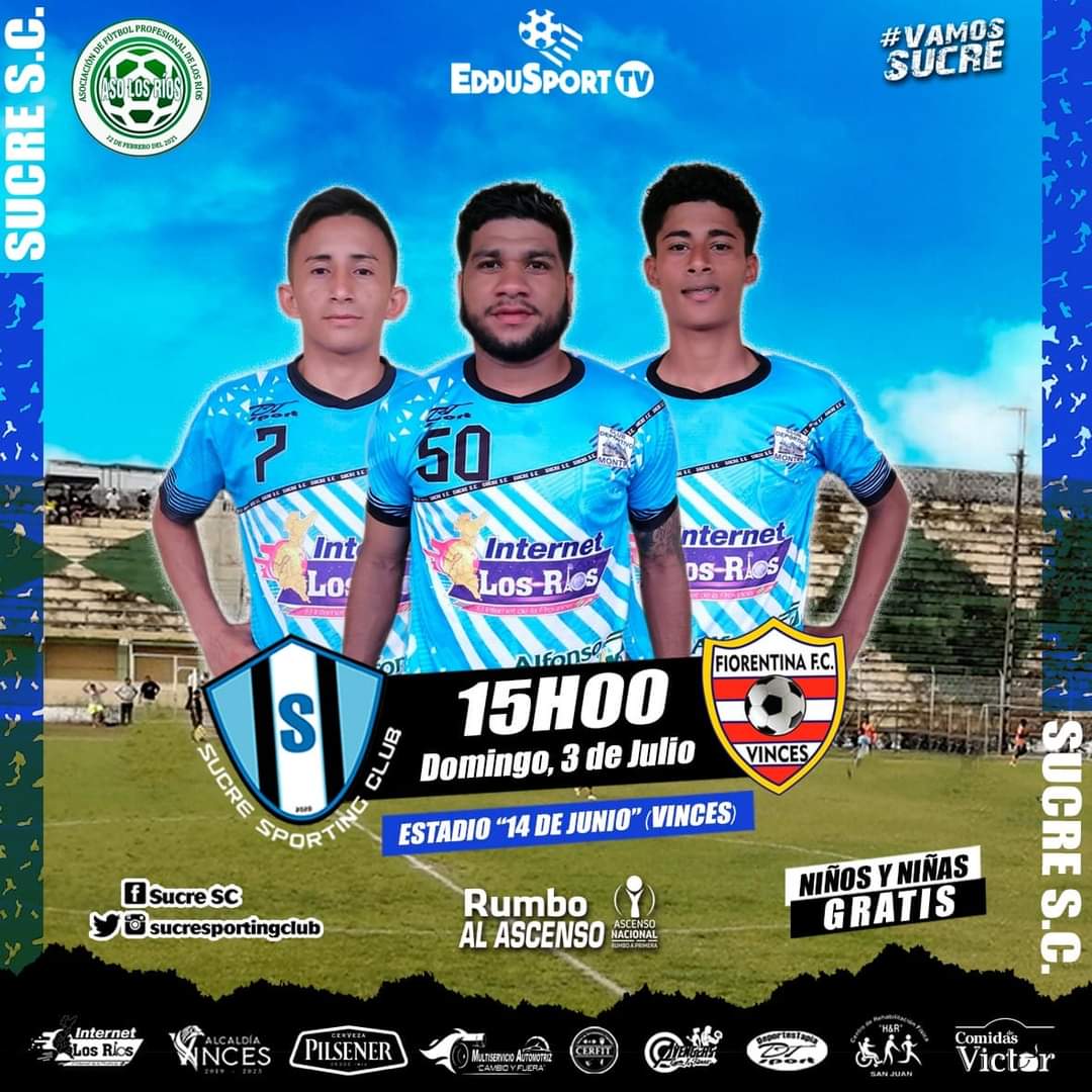 SucreSC1's tweet photo. Domingo de fútbol!! Un duelo de equipos vinceños que no te puedes perder!!🤩⚽

🆚 #Fiorentina
🏆 Segunda Categoría
🏟 Estadio " 14 de Junio"
📅 Domingo 03  |  Julio 2022
⏰ 15H00 

#VamosSucre   #SegundaCategoría
#InternetLosRios
#Pilsener
#AlcaldiaDeVinces
#ComidasDeVictor https://t.co/4mdvdD6Qjw