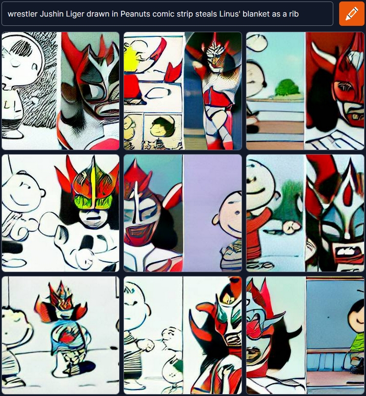 WrestlingAI's tweet photo. wrestler Jushin Liger drawn in Peanuts comic strip steals Linus' blanket as a rib 

#DALL·E #craiyon #wrestling #AI #draw #modeling #CPUimaging #WrestlingAI #Lyger https://t.co/6UZdcSRjHs