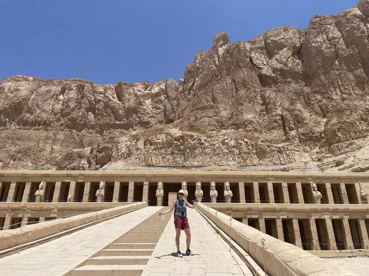 MsKeptner's tweet photo. Traveled all over Egypt! 📷 : Hatshepsut’s Temple, w/our amazing Egyptologist guide, Nermeen, in front of the Sphinx, & one of my favorite Egyptian dishes, koshary. #BASDRelaxationList @BASDBroughalMS https://t.co/2sxqgwSwX1