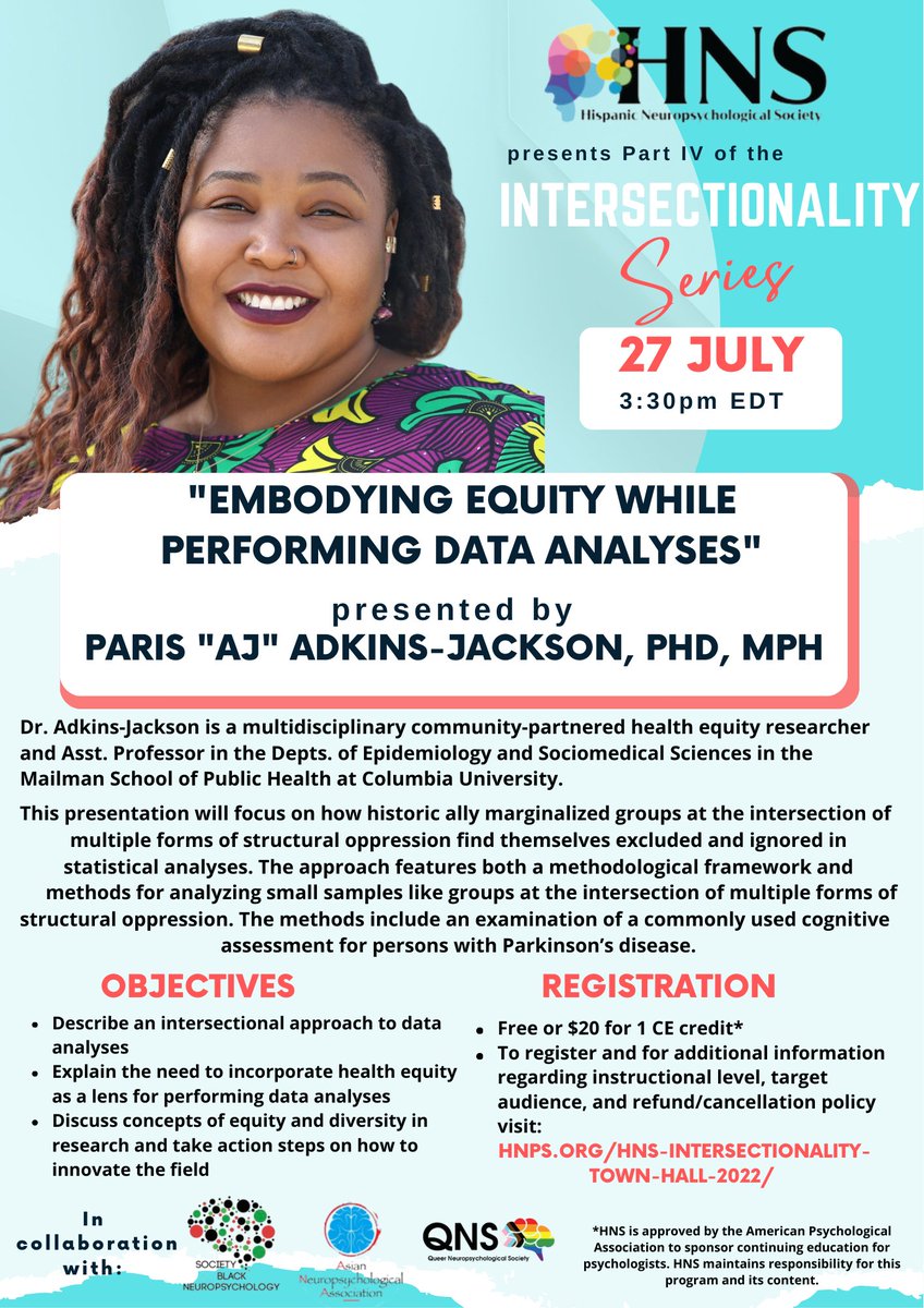 We are delighted to present part IV of the Intersectionality Series in collaboration with our partners ANA, SBN, and QNS. Our speaker for the final event is Dr. Adkins-Jackson! You don't want to miss her lecture. Please register: hnps.org/intersectional…