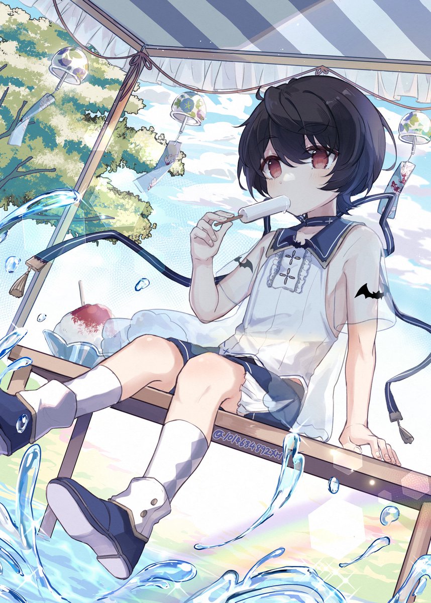 male focus food 1boy wind chime black hair red eyes solo  illustration images