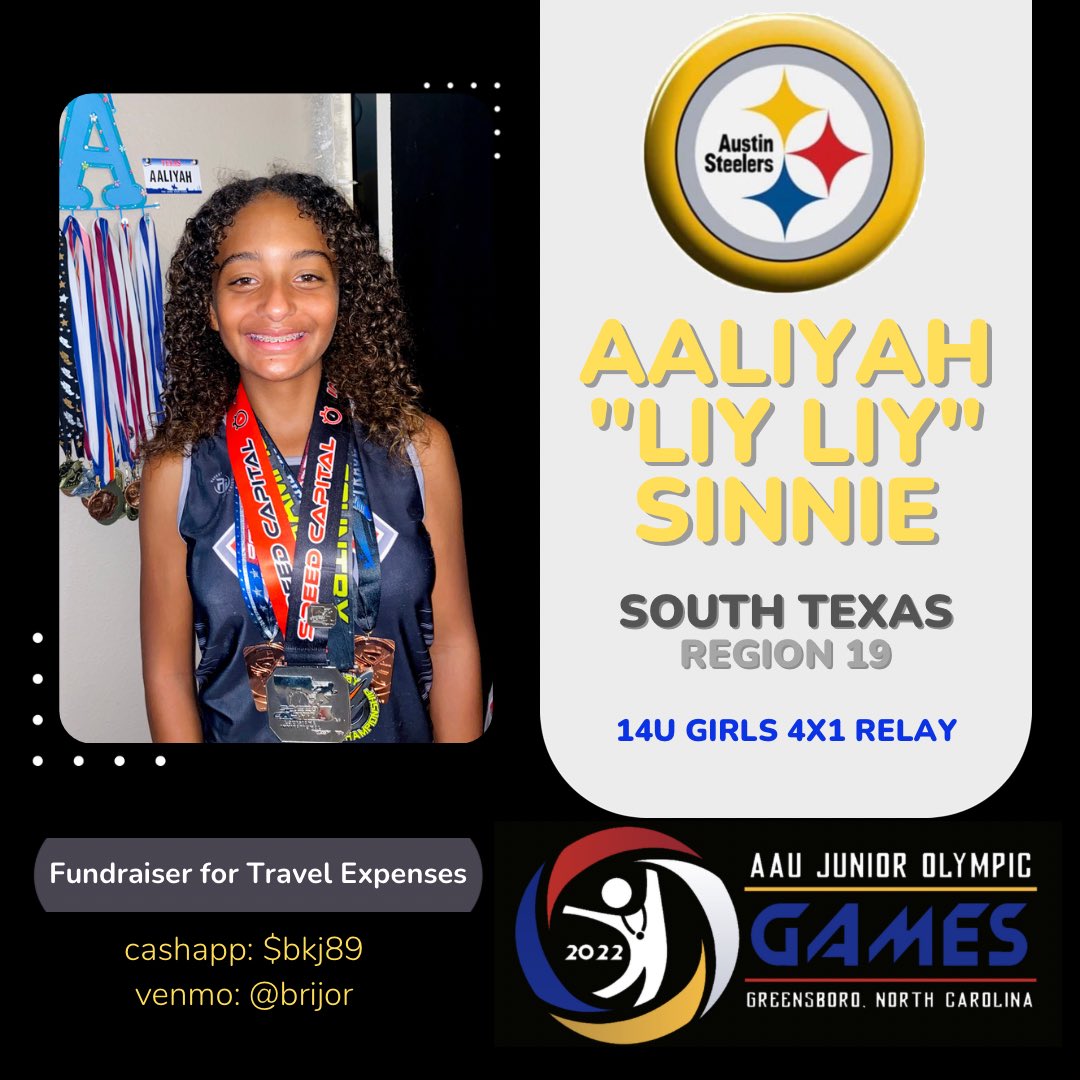 djframeatx's tweet photo. 🚨#AAU #JUNIOROLYMPICS BOUND🚨

My baby advanced to #JO w/her relay team! 🏃🏽‍♀️💨 Less than a month away from competing! 

Please consider donating towards travel expenses to get to Greensboro, NC. 

cashapp: $bkj89 Venmo: brijor
#AustinSteelers #SteelerNation https://t.co/gU57Ymx0gj