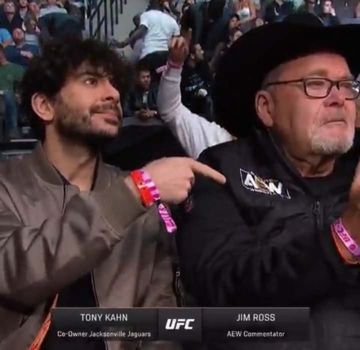 flyingkneed's tweet photo. Dana White had J.R and Tony Khan at UFC 273 and now Triple H, Pat McAfee, Stephanie + Vince McMahon at 276.. UFC is the real Forbidden Door. #UFC276 https://t.co/nUwCqJi7Tw