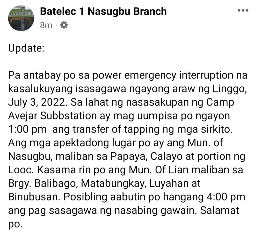 nasugbu_ph's tweet photo. Wait there's more!
UPDATE from #BATELEC
#StresstfulThings
#KuryenteSerye
#NasugbuPh https://t.co/SwXCEThKUb