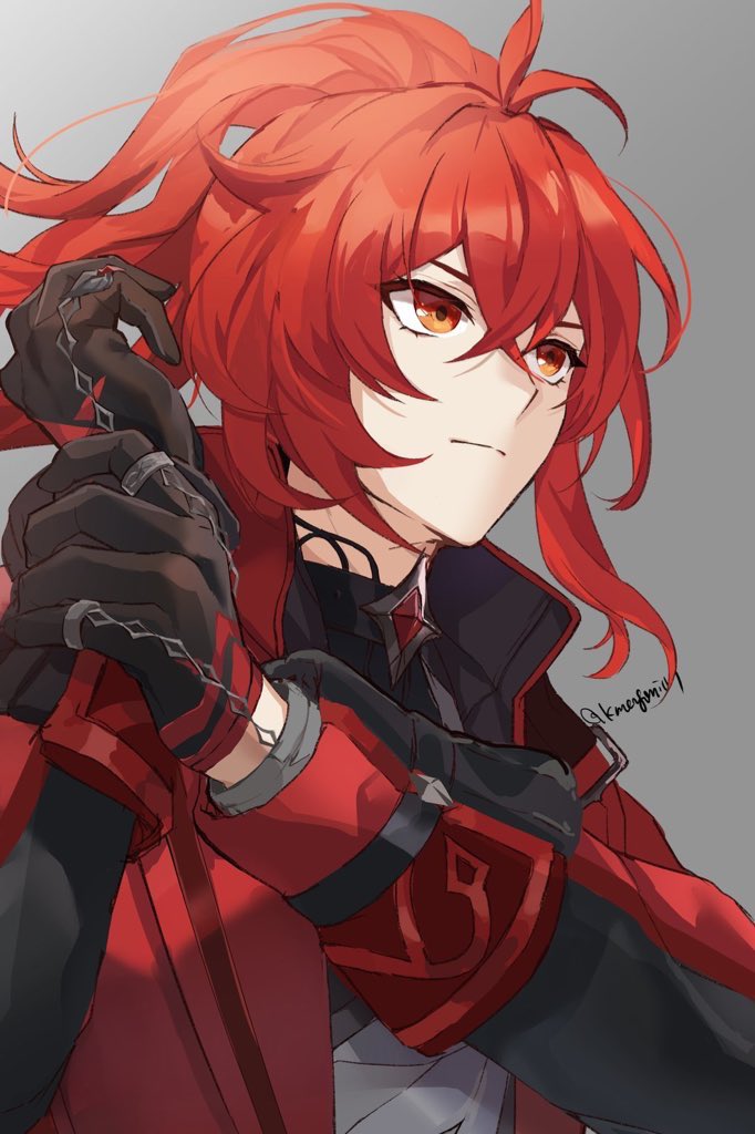 diluc (genshin impact) 1boy male focus gloves red hair solo red eyes ponytail  illustration images