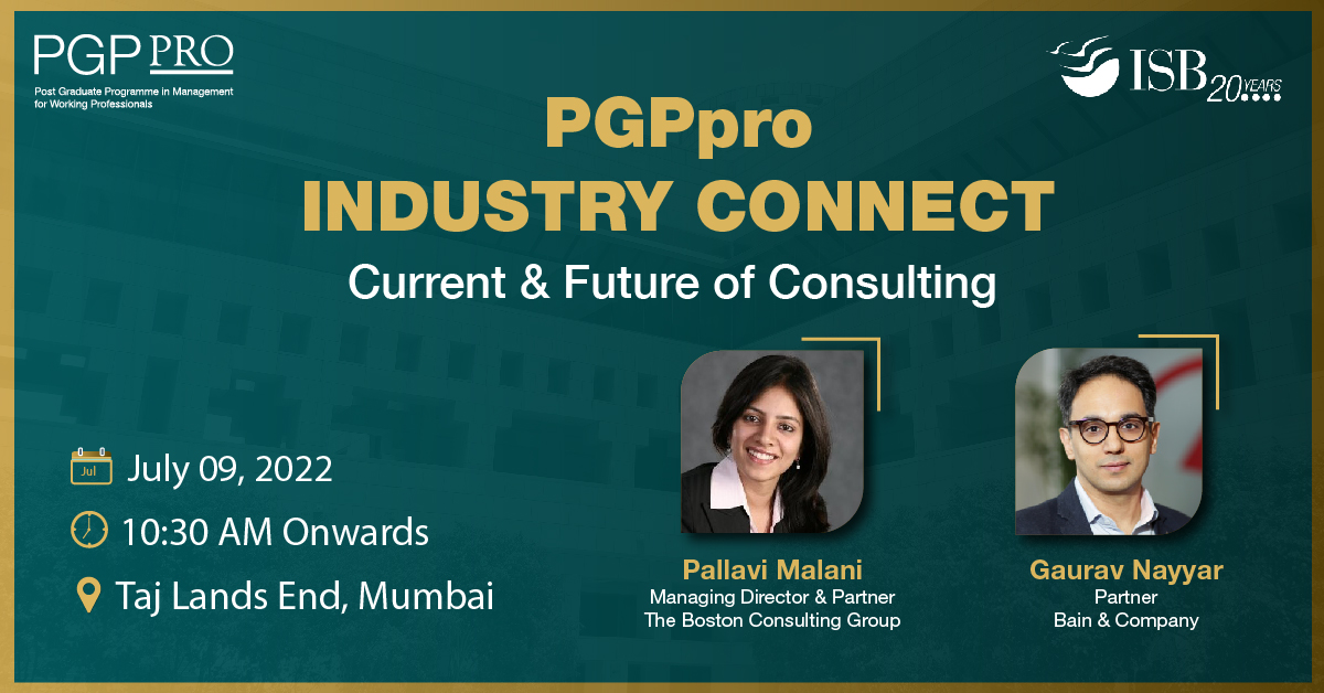ISBedu's tweet image. Join #ISBPGPpro Industry Connect in Mumbai on July 9, and attend an insightful session on ‘Current and Future of Consulting’ led by industry experts Pallavi Malani and Gaurav Nayyar.

Registration link for others: tinyurl.com/2p9x8hy2
#ISBPGPpro #IndustryConnect #EMBA
