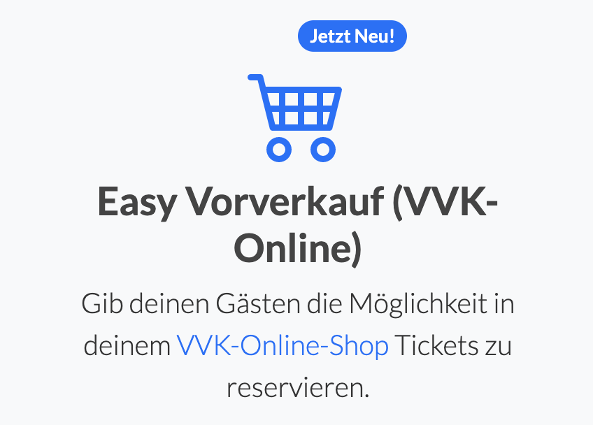 Bringt ihr immer noch Karten zu euren VVK-Stellen und habt keinen Überblick wie viele schon Verkauft wurden?

VVK-Online hilft euch den Überblick zu behalten. Eure Gäste reservieren die Tickets direkt bei euch. Ihr behaltet den Überblick.

Und das ganze ohne VVK-Gebühren!
