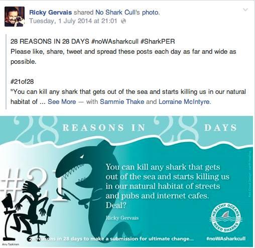 JayStill4's tweet photo. One memory of what we achieved July 2nd 2014
@rickygervais shared our post on his page and twitter overnight. With 1,959,744 followers - we were pretty excited at #noWAsharkcull https://t.co/NKLt5MJMKG