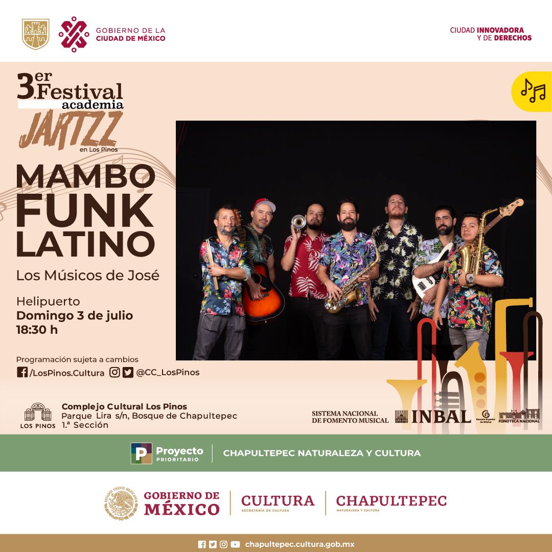 #Entérate de lo que nos espera en el cierre del 3er. Festival Academia #Jartzz en <a href="/CC_LosPinos/">Complejo Cultural Los Pinos</a>.

📌 Domingo 3 de julio | 14 h
<a href="/musicosdejose/">Los Músicos de José</a> <a href="/Valentino0108/">Vacb</a> <a href="/BantuGroove/">Ollin Bantú Fusión</a> #HectorInfanzon y más.