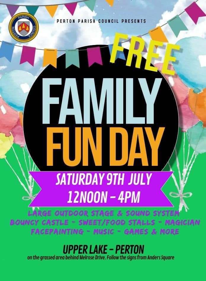 NEXT SATURDAY 

Come and join us for a Family Fun Day by the Upper Lake on 
Saturday 9th July 2022 
12noon - 4pm
Lots of free fun and entertainment for all the family!
 
(rescheduled Jubilee event previously postponed)