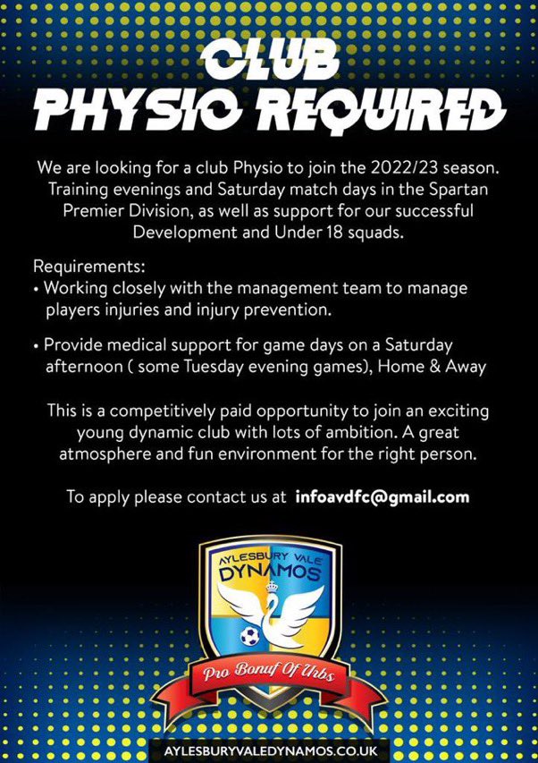The Club is looking for a Physio to join the first team coaching set up. Paid position, please DM for more information <a href="/AylesNews/">Aylesbury & District News</a> <a href="/aylesburytown/">Aylesbury Town</a> <a href="/thecsp/">Chartered Society of Physiotherapy (CSP)</a> <a href="/physioroom/">PhysioRoom</a>