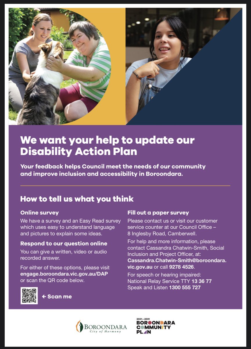.@Boroondara Council is looking for feedback on how it can improve its disability action plan. If you live locally and have an interest in improving access and inclusion please use the details below to get in touch

#KooyongVotes #auspol
