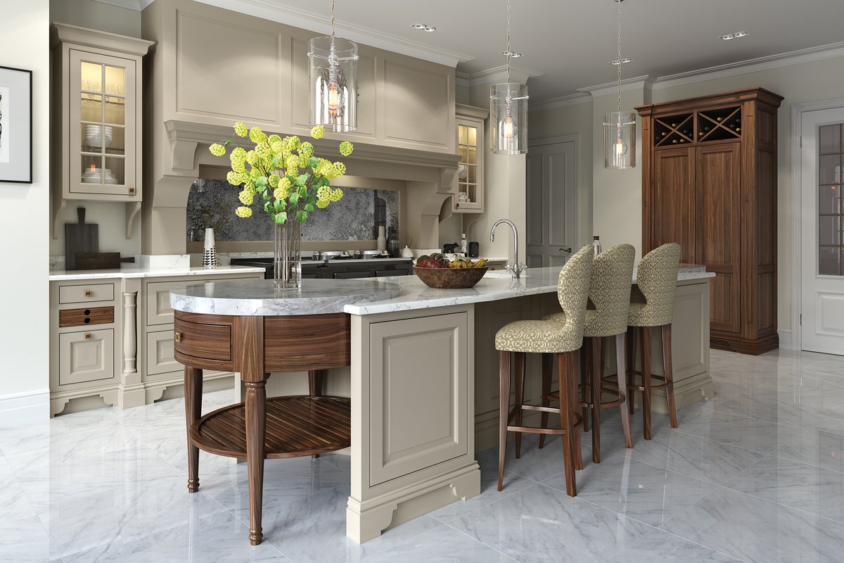 Exposed walnut timber sits beautifully alongside painted cashmere cabinetry, offering a neutral colour palette with a beautiful warmth. 📷 @Aisling_Artisan #frederickgeorgekitchens #kitchendesign #bespokekitchen #shakerkitchen #walnutkitchen #inframekitchen