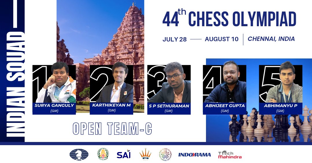 HERE IT IS 🤩🔥 India will field it's 3️⃣rd team in Open section for the 44th #ChessOlympiad scheduled to begin from July 28 🙌 GM #TejasBakre will be the Coach & Captain of this 🇮🇳 team. Take a look ⬇️ #OlympiadFlame | #India4ChessOlympiad | #ChessChennai2022 | @FIDE_chess