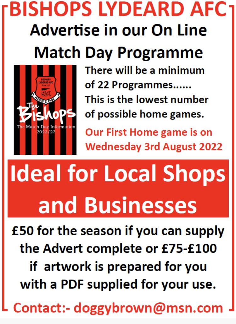 To support Local businesses we have come up with a low cost package for the coming season. A minimum 22 adverts for £50.00!!!