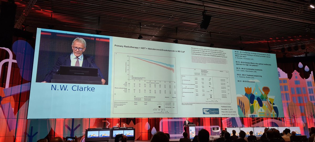 LambAlastair's tweet photo. Optimal multimodal approach to M0 #HRPCa?
Noel Clarke, surgeon, says its EBRT + ADT & Enza/Abi.
@ChrisSweens1, oncologist, says its RP, EBRT/ADT...and points out the spectrum of disease in 'high risk' #PCa.
Which is it?
What trial will answer this? #SPCG15? #PROTEUS?
#EAU22 https://t.co/ZrL2GwkyhL