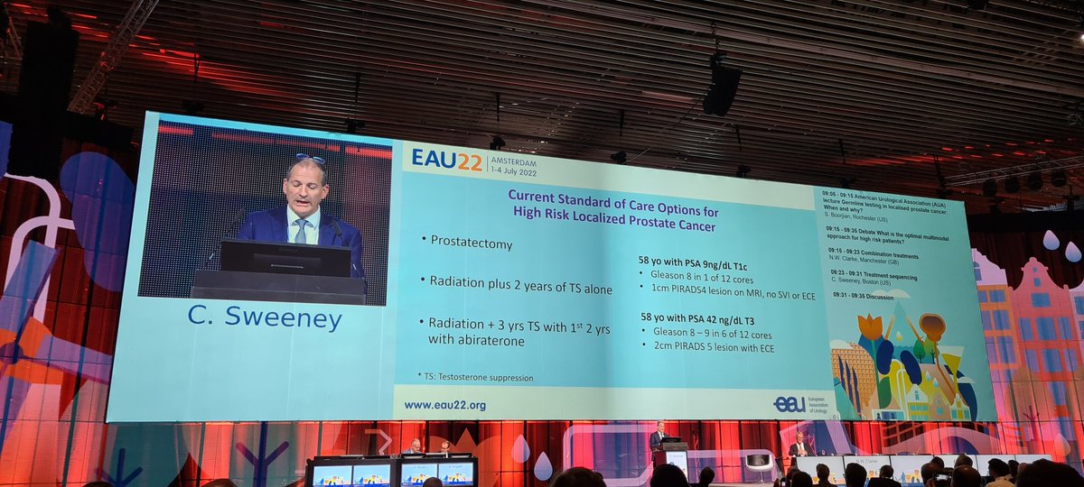 LambAlastair's tweet photo. Optimal multimodal approach to M0 #HRPCa?
Noel Clarke, surgeon, says its EBRT + ADT & Enza/Abi.
@ChrisSweens1, oncologist, says its RP, EBRT/ADT...and points out the spectrum of disease in 'high risk' #PCa.
Which is it?
What trial will answer this? #SPCG15? #PROTEUS?
#EAU22 https://t.co/ZrL2GwkyhL