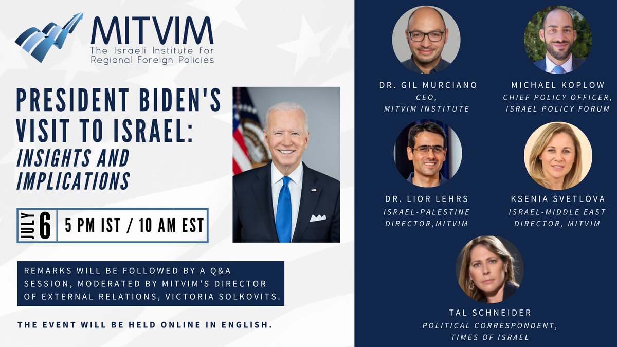 Mitvim's tweet photo. Happening this Wed: a webinar ahead of President #Biden's visit to Israel. The event will focus on various issues such as #normalization, #IsraelPalestine, #Iran, the global perception of Israel as a democracy, US-Israel relations, and more. Registration:
https://t.co/kqKWugSFdS https://t.co/naYC1OgKCT