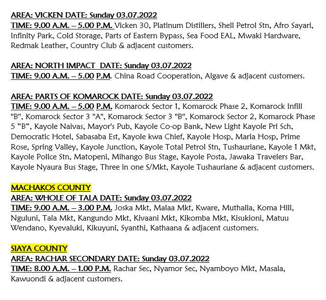 KenyaPower_Care's tweet photo. Hello, These areas are affected by planned power interruptions today: ^BT https://t.co/fcdMzESh0J