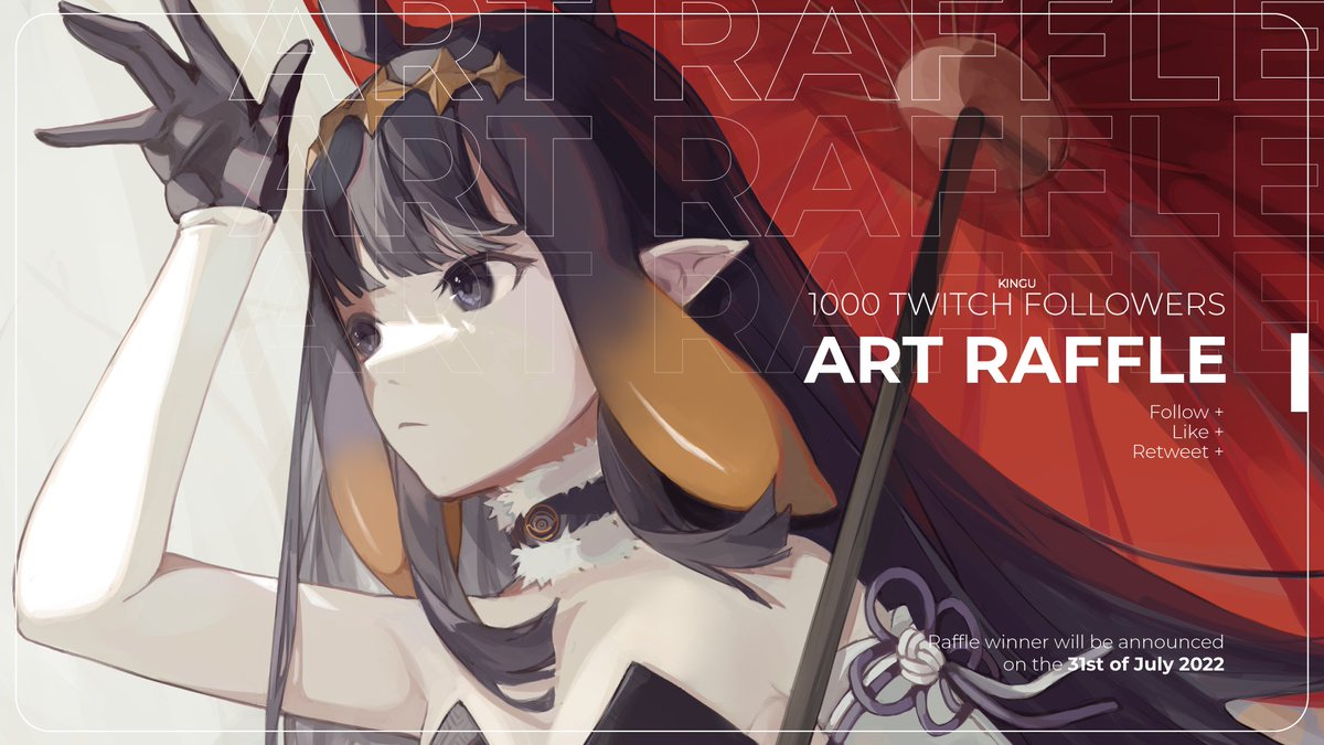 ✨1000 TWITCH FOLLOWERS ART RAFFLE✨

As promised, here it is! To participate:
- Follow
- Like
- Retweet
For a character illustration!
Winner will be decided on the 31st of July 2022😊
Again, thanks for the support so far!
