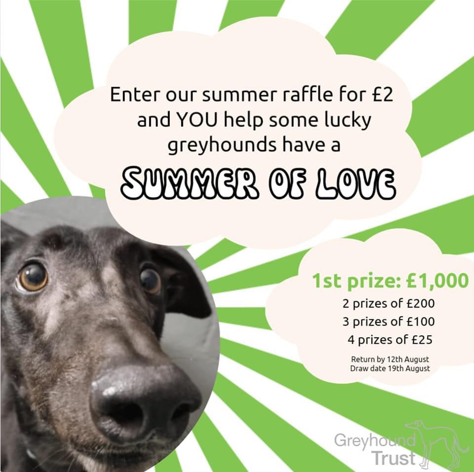 greyhoundtrust's tweet photo. Enter our raffle for £2
If you're on our mailing list, you'll receive more information through your letterbox You can also enter by giving us a call on 02083353016 by Friday 12th August 

Winners will be notified after the draw on Friday 19th August. Good luck! https://t.co/VmKkhh1vSe
