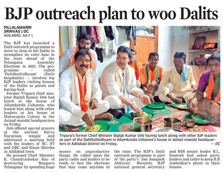 srinivaspillal's tweet photo. The #BJP is making all-out efforts to woo #Dalits and #Tribals into its fold to strengthen its base at grassroots before next elections in Telangana. Already, BJP succeeded in its efforts to bring #BackwardCommunity leaders into its fold & party in #Telangana. @BJP4Telangana https://t.co/6hY1j7Xw5M