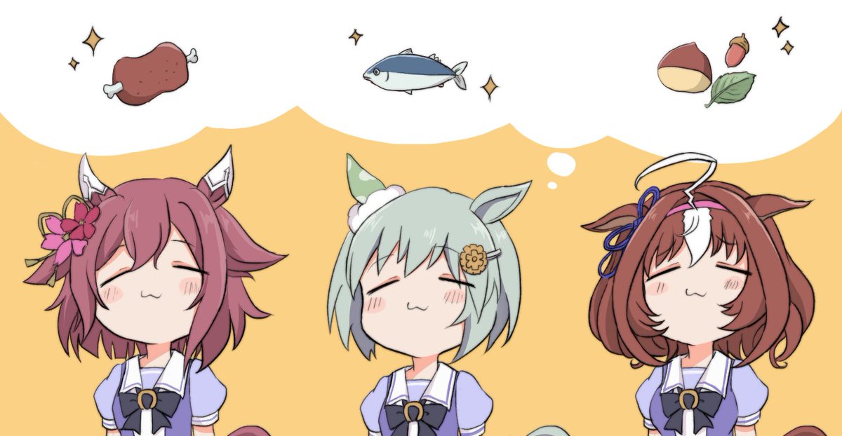 meisho doto (umamusume) ,seiun sky (umamusume) multiple girls animal ears 3girls horse ears fish food horse girl  illustration images