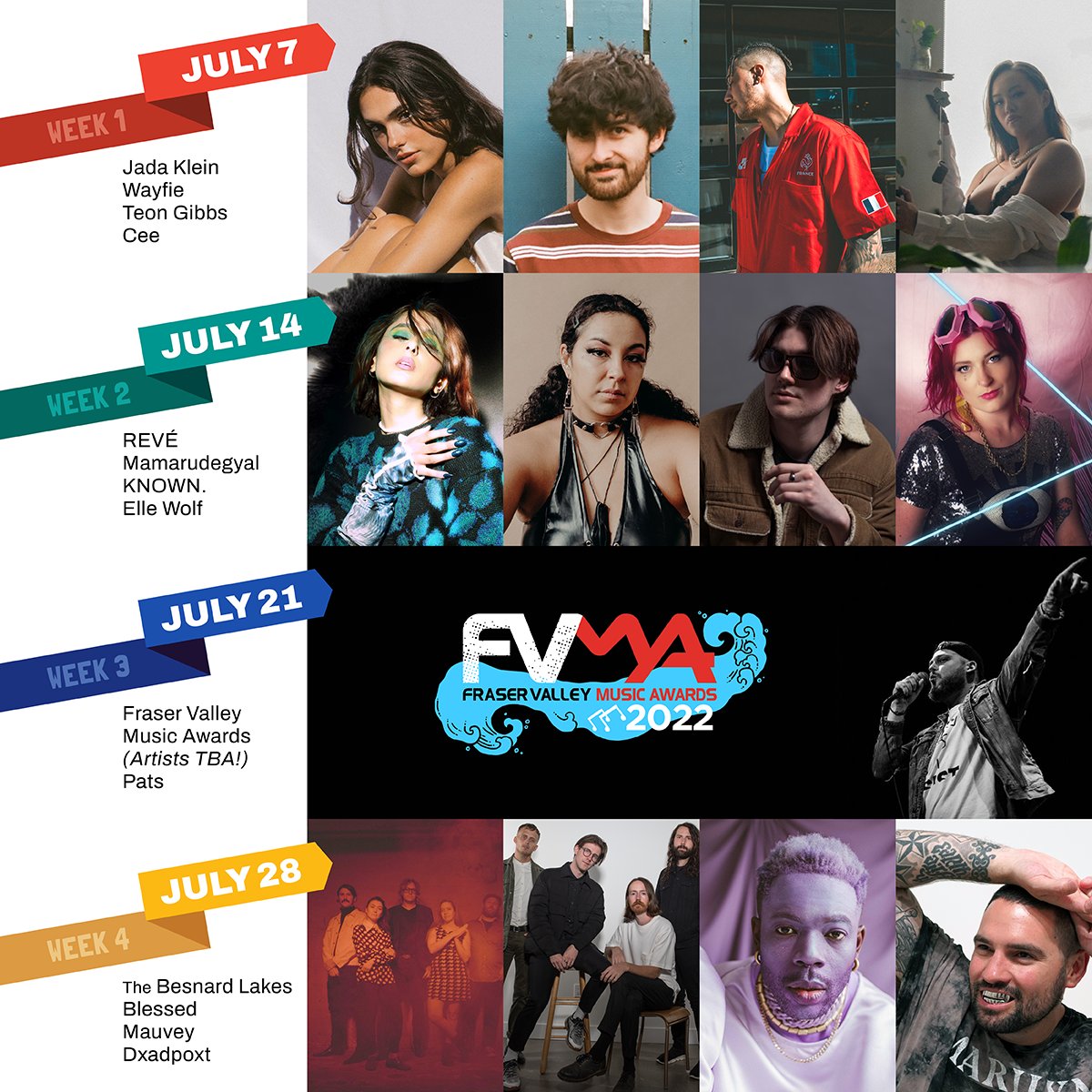 JamInJubilee's tweet photo. Can you believe we're only a few days out from Jam in Jubilee? Check out these STELLAR line-ups for July 7, 14, 21 &amp; 28! Full event details + artists' Spotify links at https://t.co/aLHWaf9XNT! 🎶🔥

#JaminJubilee #JiJ2022 #FraserValleyBC #AbbotsfordBC #FraserValleyMusic https://t.co/Wh5B6o5Vq2