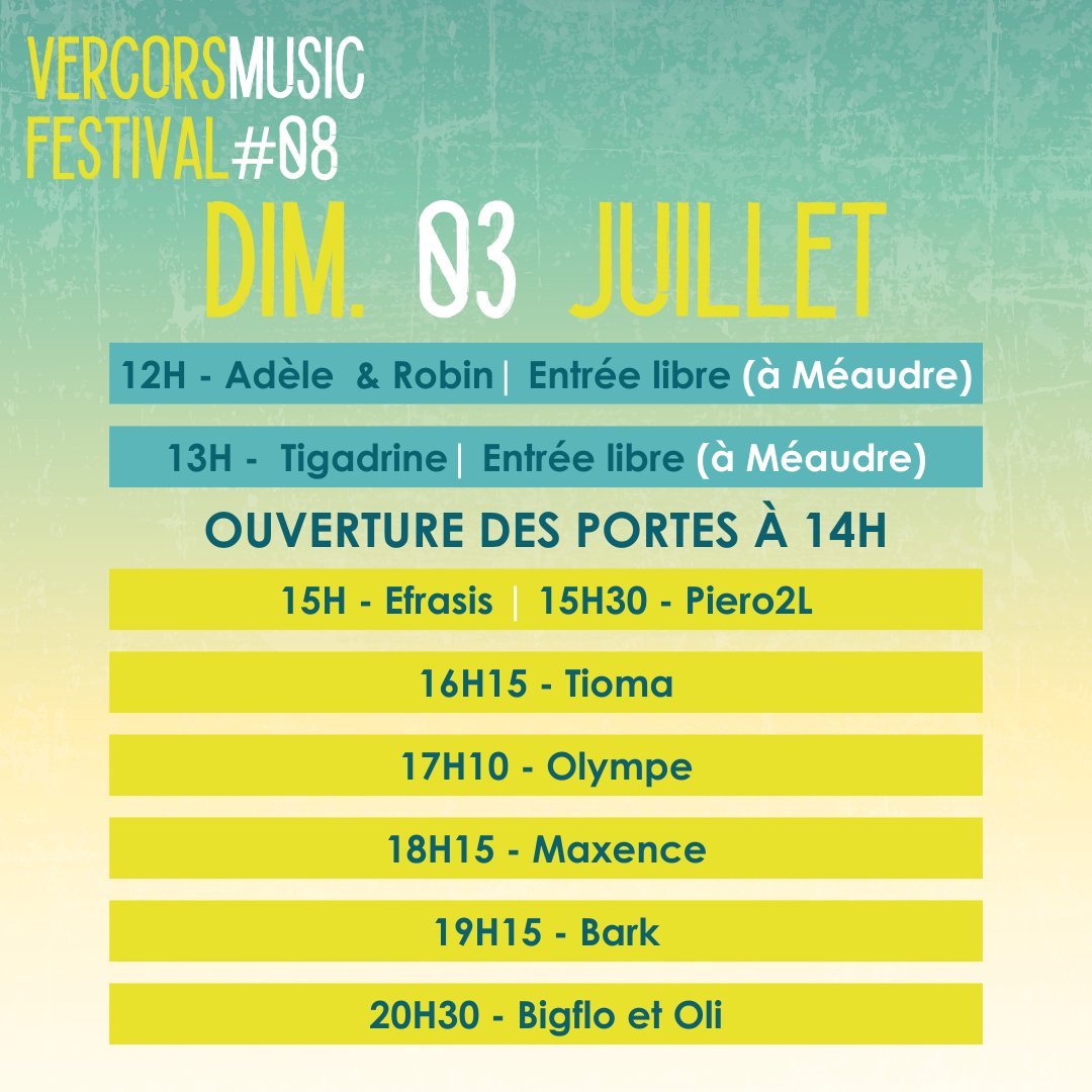 💥 JOUR 3 💥
⚠ Attention : changement d’horaires pour les concerts à Autrans ! Retrouvez ici les horaires définitifs des concerts des scènes du Foyer et de la Terrasse.
Dernier jour du Vercors Music Festival, édition #08 : on donne tout 🤘🔥
#VMF2022 #vercorsmusicfestival