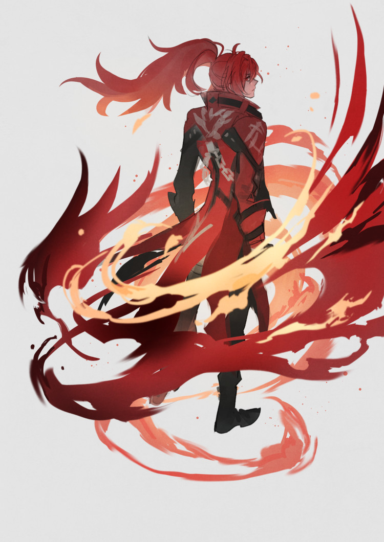 diluc (genshin impact) 1boy red hair male focus fire ponytail solo long hair  illustration images