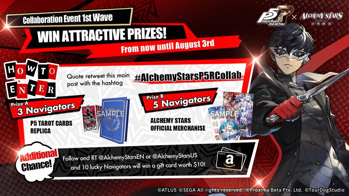 AlchemyStarsEN's tweet photo. Alchemy Stars X P5R Launch Time Confirmed!

[Heist Under a Moonlit Night]

"Fine. I'll just have to steal you away then." 

▼ Event Period
July 14, 09:00 to August 3, 09:00 (UTC+0) 

#AlchemyStarsP5RCollab
#P5R
#AlchemyStars https://t.co/PPsY38bHpn