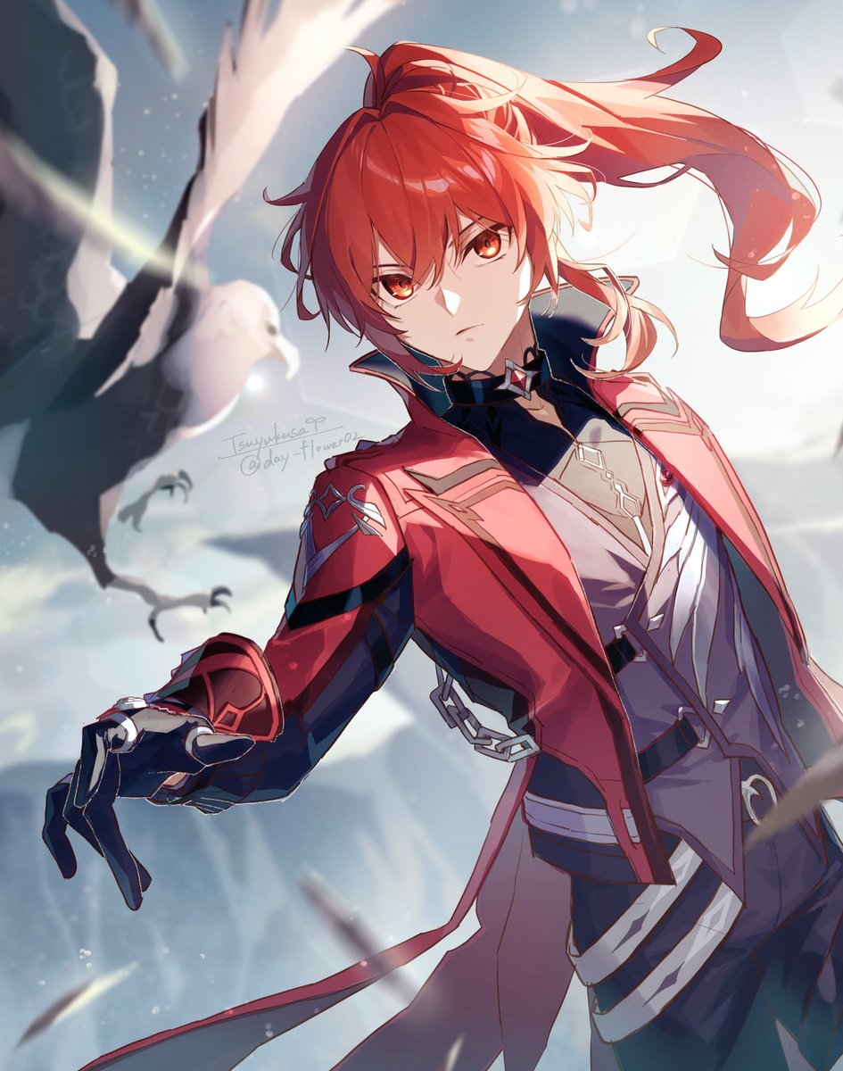 diluc (genshin impact) 1boy bird male focus red eyes red hair official alternate costume gloves  illustration images