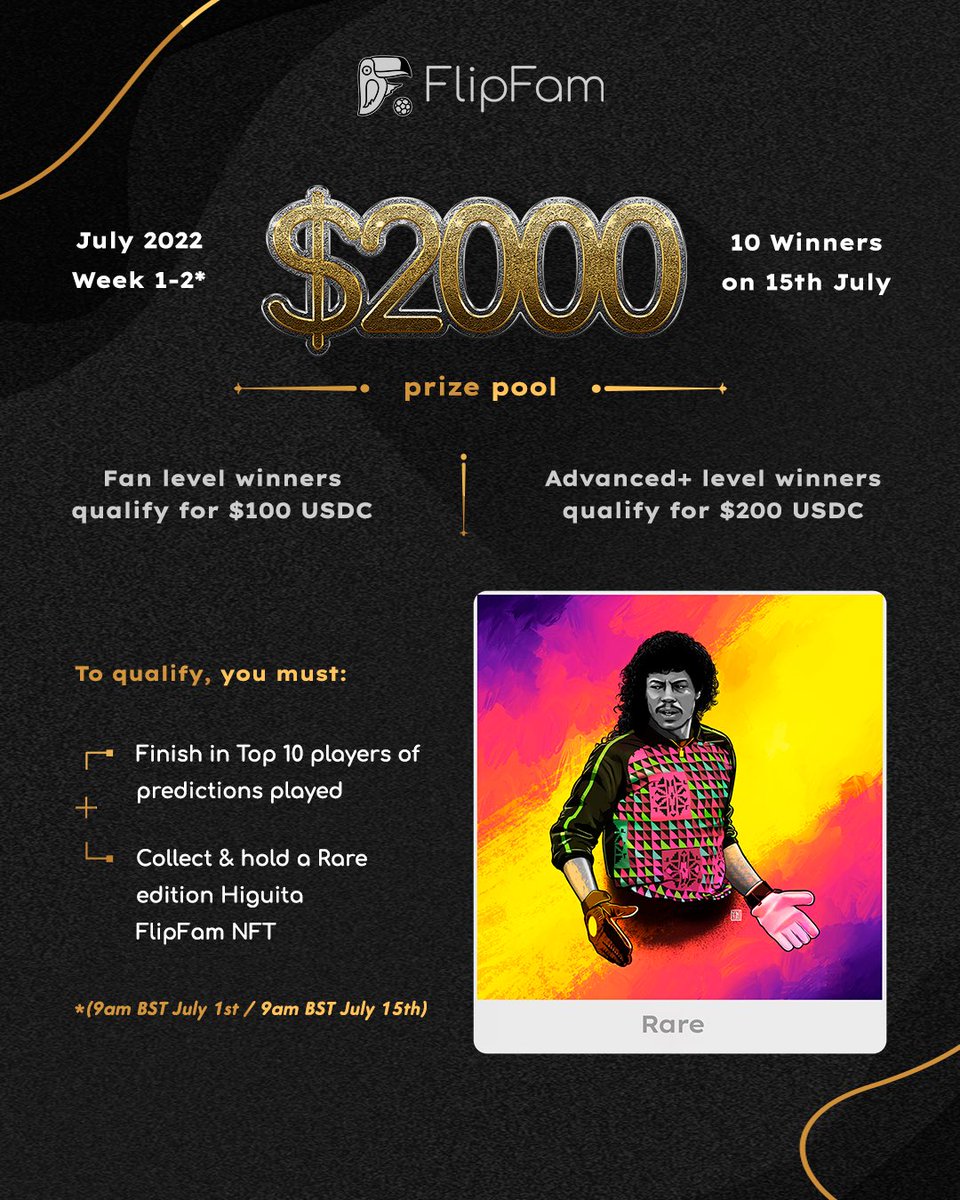 FlipFamHQ's tweet photo. #FlipFamFriday $2000 USDC prize pool 😎

🚨 RT + Follow 

✅ Top 10 most active players
✅ Collect &amp; hold a Rare edition Higuita #NFT by Karl Thyer.

Winners will be announced on 15th July. Good luck players! 🎯 https://t.co/nNpKmIisDF