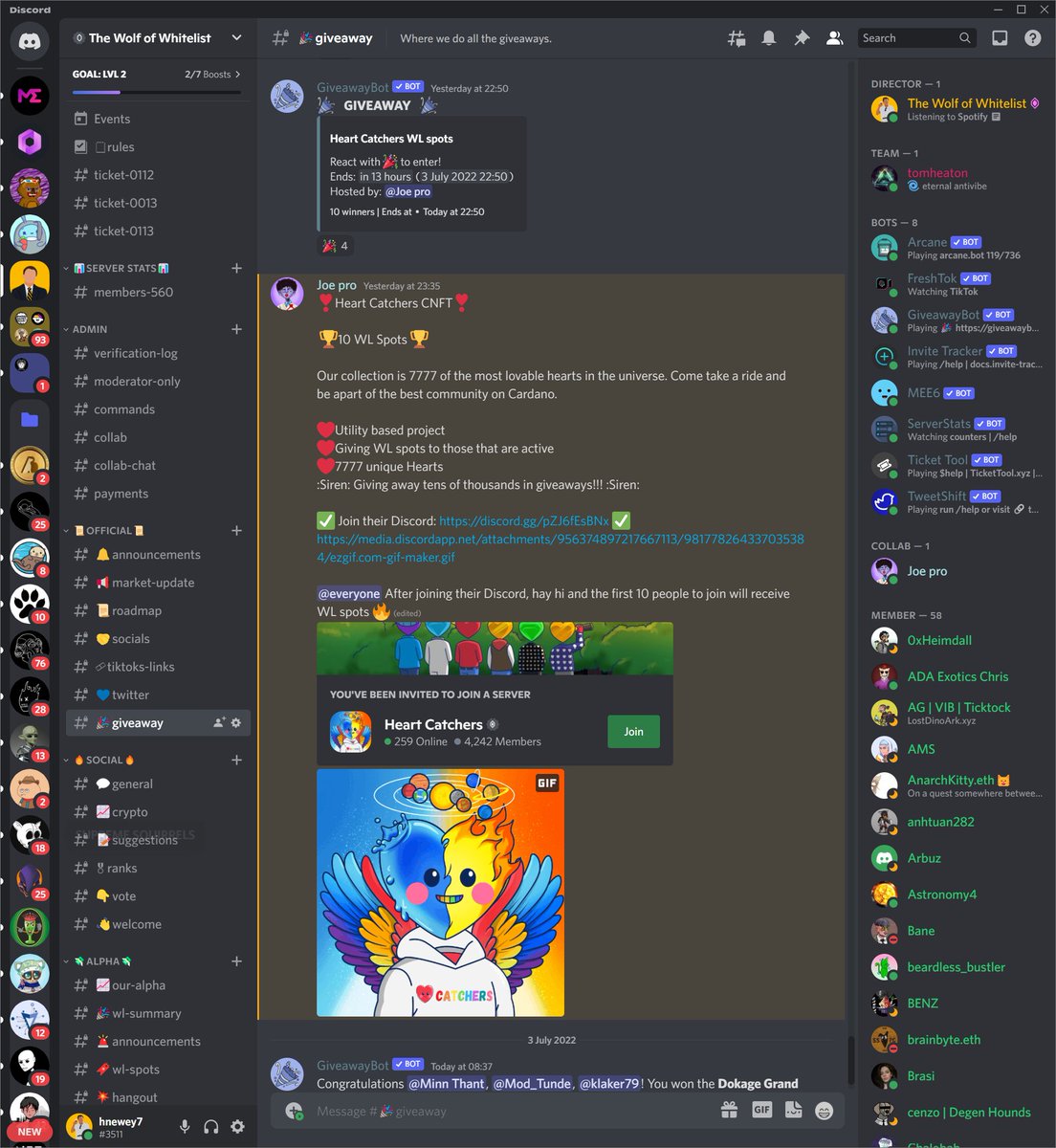 Thank you <a href="/HeartCatcherNft/">HeartCatchersCNFT</a> for the 10 WL spots. Amazing to be working with a project like yours. Can't wait for any future work we do with you guys!

Join The Wolf of Whitelist discord to be in for a chance of winning!

discord.gg/Ewb76Erqhm

#NFTs #NFT #NFTGiveaway