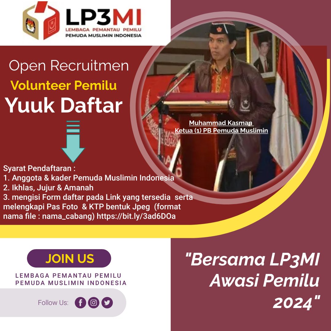 Salam Sobat Pemantau LP3MI yuuk mari daftarkan diri anda untuk Relawan Pemantau bersama LP3MI mengawasi proses jalannya Pesta Demokrasi 2024
#PemiluSerentak2024 #LP3MI #Awasi
<a href="/bawaslu_RI/">Bawaslu RI</a> <a href="/EvickB/">𝕰𝖛𝖎𝖈𝖐 𝕭𝖚𝖉𝖎𝖆𝖓𝖙𝖔</a> <a href="/KPU_ID/">KPU RI</a> <a href="/bagja98/">rahmat bagja</a> <a href="/MSabilly/">Hijrah Untuk Negeri</a> <a href="/KasmanMcTutu/">Kasman McTutu</a> <a href="/hsym_asyari/">Hasyim Asy'ari</a> <a href="/Pemudamuslimin/">PB PEMUDA MUSLIMIN INDONESIA</a>