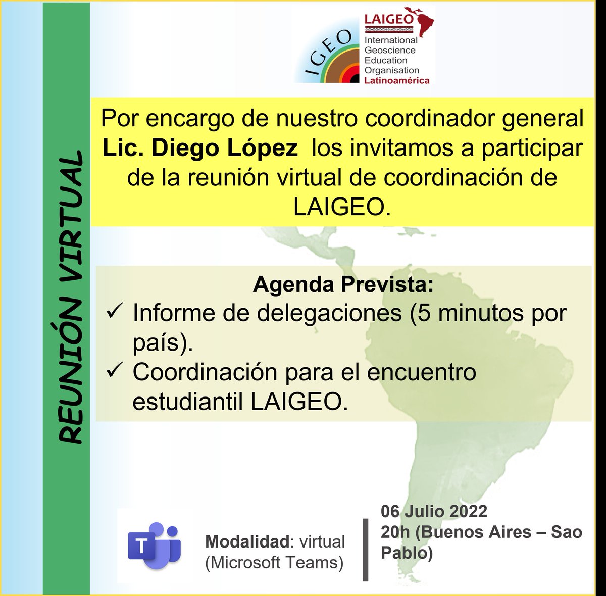 LAIGEO1's tweet photo. Les invitamos a participar de nuestra próxima reunión virtual este miércoles 6 de julio a las 20:00 hrs (Asunción) a través de la plataforma Teams.
El link para la reunión será enviado por el Google Groups.
Les esperamos!

#educacionengeociencias
#laigeo #Latinoamerica
#elCaribe https://t.co/GhBXyrYh2z