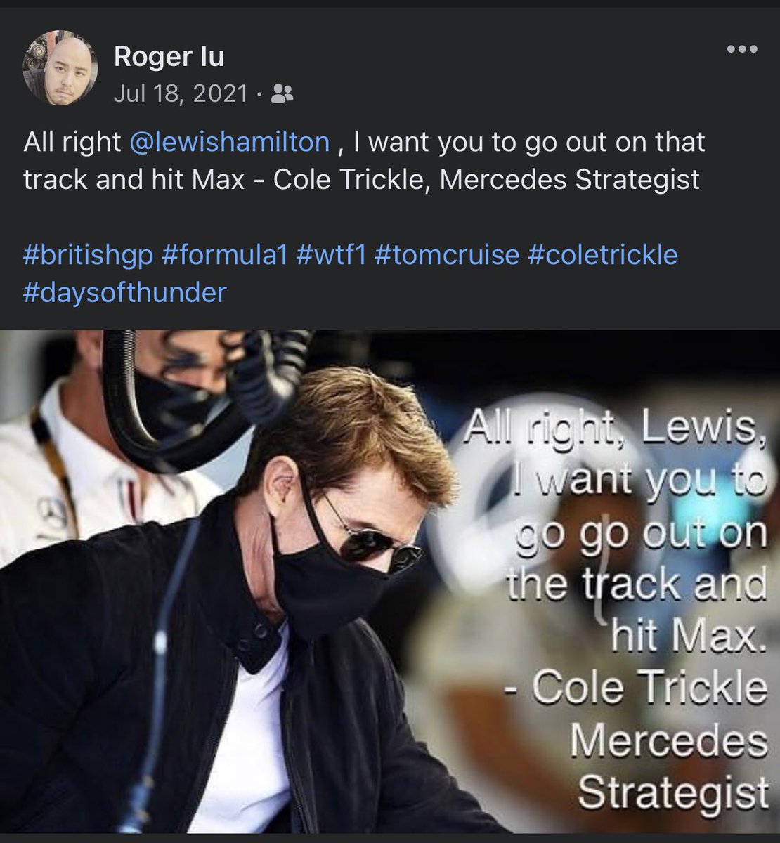 IuRoger's tweet photo. All right @GeorgeRussell63 , I want you to go out on that track and hit @ZhouGuanyu24 - Cole Trickle, Mercedes Strategist 

#britishgp #formula1 #wtf1 #tomcruise #coletrickle #daysofthunder #f1fails https://t.co/v44sofkA7q