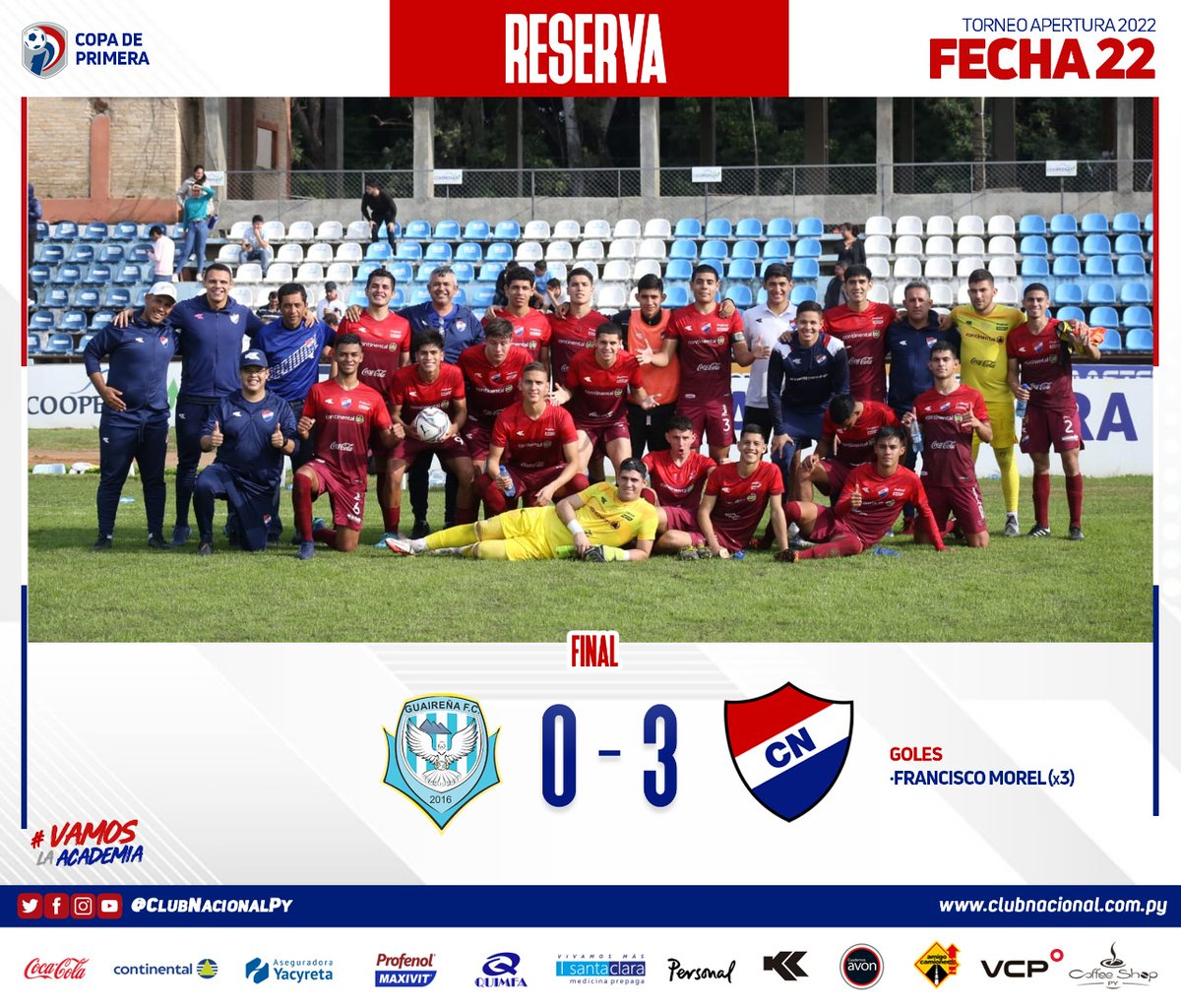 CanteradelTrico's tweet photo. #CanteraTricolor 🔴⚪🔵
#catReserva ⚽️🙋🏻‍♂️

🏆 Torneo #Apertura2022

🗓Fecha 22

¡FINALIZADO!

Guaireña 0 🆚️ 3 #NACIONAL
📌Goles: 2' ST, 12' ST y 24' ST Francisco Morel.

#VamosLaAcademia https://t.co/AfiG7mcZKR