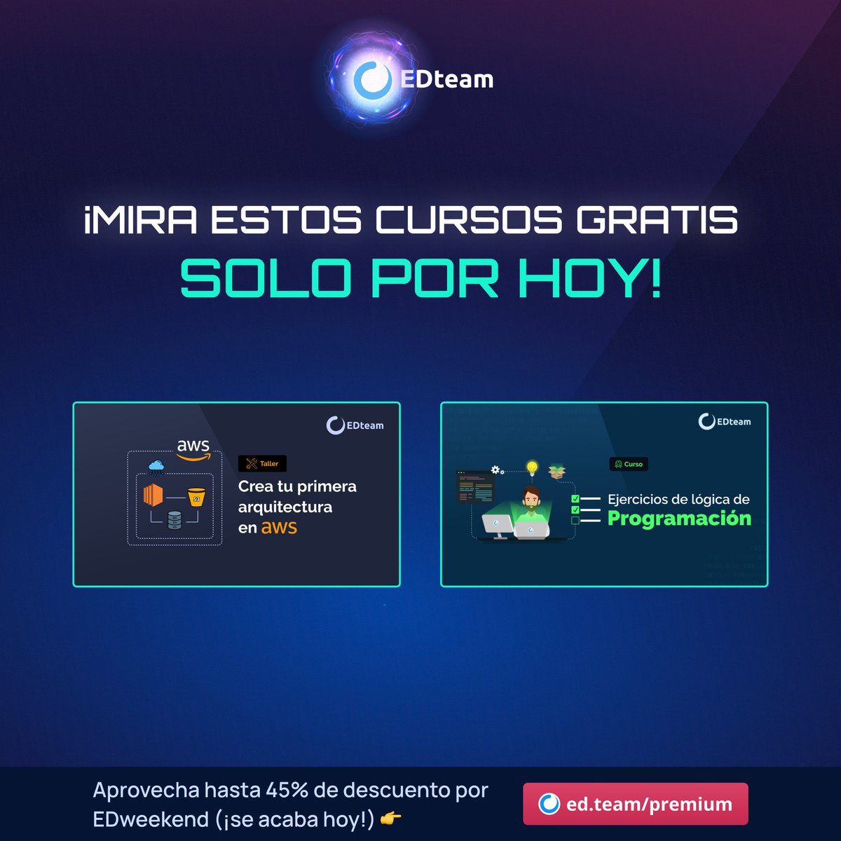 edteamlat's tweet photo. ⏱️ ¡SOLO TIENES HASTA HOY! para aprovechar los descuentos de hasta 45% del #EDweekend 👉 https://t.co/avmfsMzewY. Pero si aún quieres comprobar la calidad de EDteam, puedes ver gratis estos dos cursos:
🎁 https://t.co/ZErHaaxWOB
🎁 https://t.co/c6UgWzdoQv
¡Comienza la maratón! https://t.co/rbSkmGt9AZ